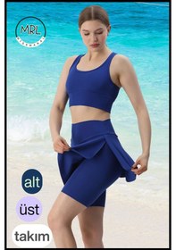 Resim Kadın Takım Alt - Üst Biker Şort Diz Üstü &crop Bra Ped Destekli Denizde Havuzda Sporda Mavi Mavi 