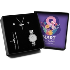 Resim 8 Mart Dünya Kadınlar Günü Özel Tasarım Kutulu Melek Kolye & Melek Bileklik & Zirkon Taşlı Bileklik & Küpe & Saat Seti 