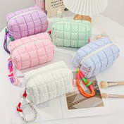 Resim Macaron Renk Serisi Kapitone Ekose Makyaj Çantası - Büyük Kapasiteli Katlanabilir Seyahat Kozmetik Organizatörü, Dokuma Saplı, Pastel Tonlar (Lavanta/Pembe/Nane) - Kadınlar için Dayanıklı Polyester Çok Amaçlı Çanta, Öğrenciler, Seyahat Gereçleri, Makyaj Seyahat Çantası, Çok Yönlü Çanta, Eğlenceli Tasarım, Yumuşak Doku 