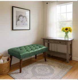 Resim Azra Mobilya Yeşil Deri Kapitone Bank Bench Oturma Pufu Modern Salon Antre Puf Ayakkabılık Önü Koltuk 90 45 Yeşil 