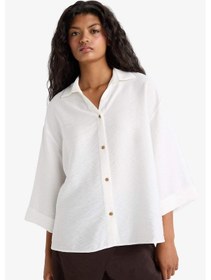 Resim Defacto Overshirt Fit Kaçık Yaka Uzun Kollu Gömlek F4767ax25auer105 Ekru 