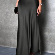 Resim Kadınlar için Şık Yüksek Bel Maksi Saten Etek, Büyük Beden, Düz Renk Siyah, Akıcı Tasarım, İlkbahar ve Yaz Etkinlikleri İçin Mükemmel, Makinede Yıkanabilir Polyester, Maksi Etek 
