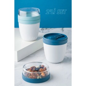 Resim 2'li Set Taşınabilir Kaşıklı Yoğurt Kabı - 700 ml Pratik Yemek Saklama ve Müsli Kabı 7176461 