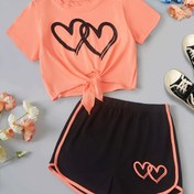 Resim Sevimli Kalp Baskılı Bağcıklı T-Shirt + Şort Seti - Pembe ve Mavi Bağcıklı Tasarım, Siyah ve Pembe Kalp Detayları, Hafif Yazlık Kıyafet Gençler İçin, Gençler Giyim | Oyuncu Tarz | Bağcılık Tasarımı, Açık Hava İçin 