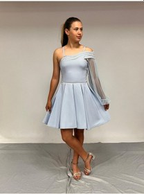 Resim Kız Çocuk Abiye Kısa Krep Bebe Mavi Yaka Şerit Taşlı Tek Kol Çıkabilen Tül Erkut Abiye Elbise 10-15 Yaş İndigo 