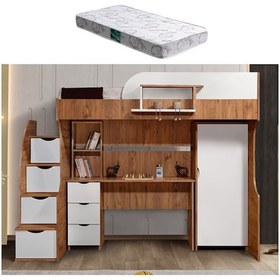 Resim Ranza, Litera Ranza Dolap Çalışma Masası Koyu Ceviz - Beyaz + 1 Adet Comfort Yatak 90 x 190 Cm 