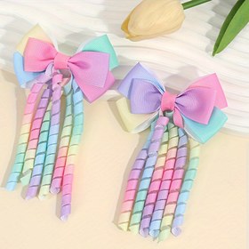 Resim 2 Paket Gökkuşağı Kıvırcık Püskül Kurdele Saç Tokaları, Renkli Kurdele Saç Tokaları, dokumasız Polyester, Sevimli Tie Dye Stili, Genç Kızlar İçin Günlük ve Rahat Aksesuar, İlkbahar/Yaz Saç Tokaları 