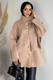 Resim Gülseli Atkılı Tesettür Triko Hırka Bej TZL-P-00020158 