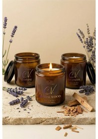 Resim 3 Lü Amber Cam Kavanoz Aromaterapi Mum Seti Yasemin-sandal Ağacı-lavanta Amber 