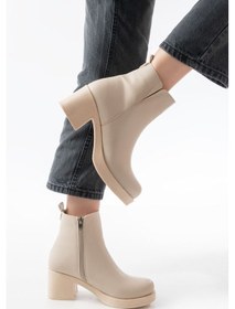 Resim 5109-3057 Bej Lastikli Fermuarlı Kalın Topuklu Günlük Kadın Bot Acı Kahverengi 