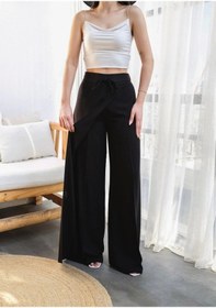 Resim Defymoda Keten Önü Çapraz Parçali Lasti Kli Ve Bağcikli Geni Ş Paça Pantolon Siyah 