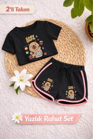 Resim Capybara Baskılı Siyah Crop Siyah Şort Takım 