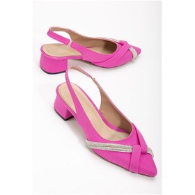 Resim Büyük Numara Saten Taşlı Fuşya Kadın Kısa Topuklu Abiye Ayakkabı-2755 