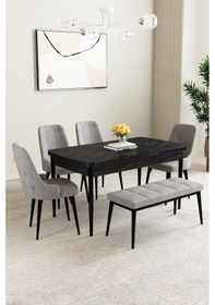 Resim Clara Siyah Mermer Desen 80x132 Açılabilir Yemek Odası Takımı 4 Sandalye, 1 Bench Gri 