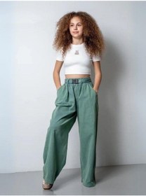 Resim Zekids Kız Çocuk Kemerli Geniş Paça Gabardin Pantolon-15802 Yeşil 