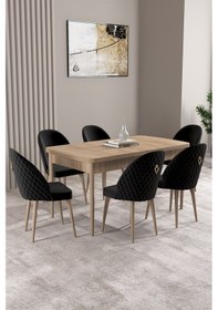 Resim Milas Meşe Desen 80x132 Mdf Açılabilir Yemek Masası Takımı 6 Adet Sandalye Siyah 