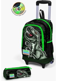 Resim Coral High Kids Koyu Yeşil Siyah Dinazor Desenli Çekçekli 2'li Çanta Seti Set0223925 