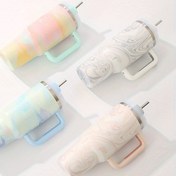 Resim 1 Adet 42 Oz Paslanmaz Çelik Su Matarası Kapaklı ve Pipetli, Sıcak ve Soğuk İçecekler için İzole Termos, Dayanıklı 304 Paslanmaz Çelik, Pastel Renkler (Sarı-Yeşil, Beyaz, Açık Mavi, Pembe), Dış Mekan Seyahatleri için İdeal, Kış ve Yaz Kullanımı, Kızlar ve Erkekler için Sevgililer Günü Hediyesi, Mermer Desenli | Dayanıklı İçecek Kabı, Izole Su Şişesi 