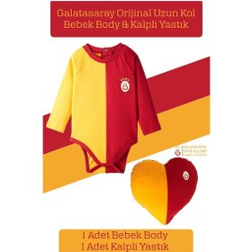 Resim Galatasaray Lisanslı Uzun Kol Bebek Body Zıbın & Sarı Kırmızı Kalpli Yastık Set Kırmızı 