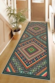 Resim Pelangi Kilim Desenli Dijital Baskı Yıkanabilir Kaymaz Taban Etnik Salon Halısı ve Yolluk, Yeşil 80 x 500, 9554170805007 