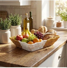 Resim Dikdörtgen Çift Renkli Plastik Rattan Ekmek Ve Meyve Sepeti - Çok Amaçlı Banyo Ve Mutfak Düzenleyici Çok Renkli 