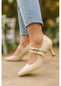 Resim Günlük Kadın İnce Topuklu Sivri Burun Çift Bantlı Tokalı Abiye Ayakkabı 100 Bej 