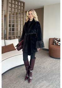 Resim Siyah Kolu Kürklü Kaşe Ceket - 2509 Siyah 