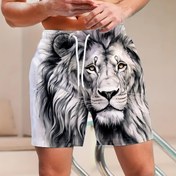 Resim Erkek Novelty Aslan Baskılı Şort, Casual Stil, %100 Polyester, Hafif Esnek, Normal Beden, Geometrik Desen, Dokuma Kumaş, 115g/m² - Yaz Şortu 