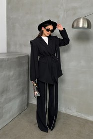Resim msm fashion Kadın Oversize Blazer Ceket Siyah Kuşaklı Omuz Detaylı 