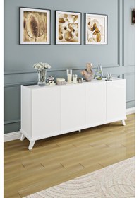 Resim Ae-2056 Akel Beyaz 4 Kapaklı Geniş Konsol 180 Cm Ayaklı,raflı, Ye 