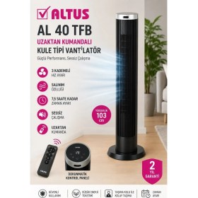 Resim Altus Uzaktan Kumandalı Kule Tipi Vantilatör Siyah - 4 Hız Kademe Ayarı, 40W, Sessiz, 70 ° Salınımlı, Zaman Ayarlı Kule Fan Al 40 Tfb 