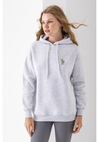 Resim Kadın Kapüşonlu Ceylan Nakışlı 3ip Sweatshirt Gri - 2622 Gri 