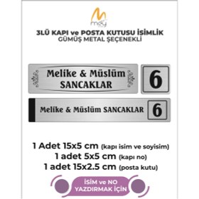 Resim Meyart Gümüş Metal Kapı İsimliği Seti 3'lü - Kapı İsimliği, Kapı Numarası, Posta Kutusu İsimliği 