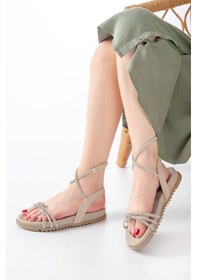 Resim 1001-1120 Bej Gümüş Taşlı Günlük Kadın Sandalet Bej 