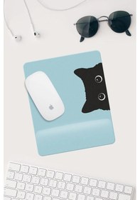 Resim Jel Dolgulu Pvc Yüzey Mavi Kedi Çizimli Bilek Destekli Dikdörtgen Mouse Pad Mouse Altlığı. Mousepad 