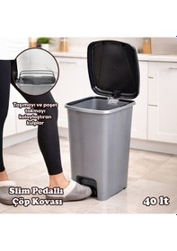 Resim Porsima 0122 Pedallı Metalize Banyo Mutfak Çöp Kovası Siyah Kapaklı Slim Pedallı Çöp Kovası 40 Litre Siyah 