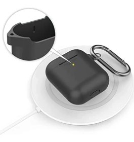 Resim Airpods 1-2 Nesil Uyumlu Silikon Kılıf - Mat Yumuşak Dokulu, Darbeye Dayanıklı, Kemer Klipsli Karabina, Kablosuz Şarj Destekli Koruyucu Kapak Siyah 
