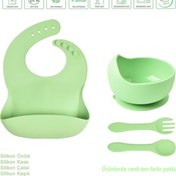 Resim Jojobebek Çocuk Silikon Mama Önlüğü, Silikon Vakumlu Kase, Silikon Kaşık Ve Çatal / Yeşil 