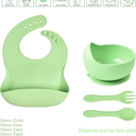 Resim Jojobebek Çocuk Silikon Mama Önlüğü, Silikon Vakumlu Kase, Silikon Kaşık Ve Çatal / Yeşil 