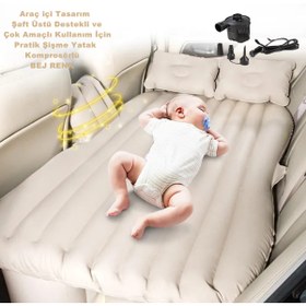 Resim caraks Araba Koltuğu Yatağı Otomobil Arka Koltuk Için Şişme Yatak Komprösörlü Şaft Destekli BEJ Renk 