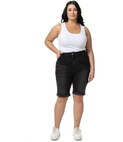Resim Büyük Beden Paçası Katlamalı Beş Cepli Denim Siyah Şort-siyah Siyah 