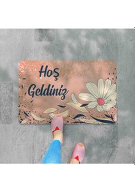 Resim Dijital Baskılı Hoş Geldiniz Yazılır Desenli Dekoratif Dış Kapı Önü Ve Iç Mekan Paspası Yıkanabilir Pembe 