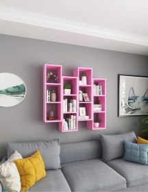 Resim Kitaplık Mobilya Duvar Rafı Salon 4 Lü Takım Pembe Pembe 