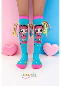 Resim Color Socks 1 Çift Örgü Saç Desenli Animasyon Kız Çocuk Çorap Topuksuz Turkuaz 