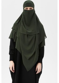 Resim Hazır Pratik Şifon Üç Katlı Peçeli Üçgen Hac Umre Şalı Sufle Hijab Nikap Haki 