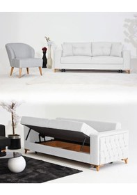 Resim Nola Koltuk Takımı 3+1 & Bazalı Yataklı Koltuk & Kanepe - Keten Gri-beyaz 