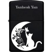 Resim Kedi Desenli Kişiye Özel Isimli Benzinli Siyah Metal Çakmak MP18 