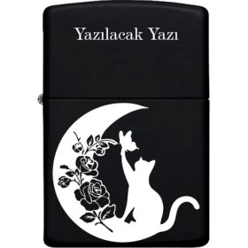Resim Kedi Desenli Kişiye Özel Isimli Benzinli Siyah Metal Çakmak MP18 