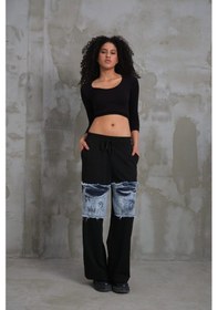 Resim 023 Kadın Cepli Bol Paça Penye Kot Denim Pantolon Kırmızı 