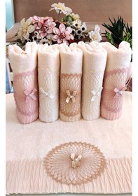 Resim 3.lü Set Çeyizlik 50x90 Cm. Lüks Piliseli Özel Kadife Doku El Ve Yüz Havlu Seti, Nişan Havlusu Krem6.lı Krem 